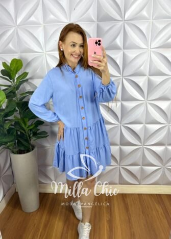 Milla Chic - millachic com br vestido viscolinho oversized manga longa geysa azul Vestido Viscolinho Oversized Manga Longa Geysa - Azul - Milla Chic