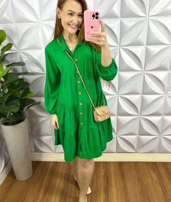 Vestido Viscolinho Oversized Manga Longa Geysa - Verde - Milla Chic