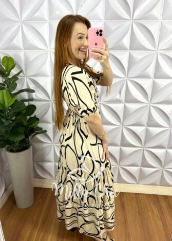 Vestido Viscolinho Torcido No Busto Mídi Fabiane - Areia Com Preto - Milla Chic
