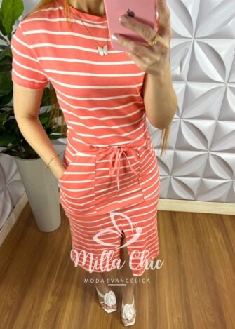 Milla Chic - millachic com br vestido viscolycra listrado com regulagem liriane salmao 3 Vestido Viscolycra Listrado Com Regulagem Liriane - Salmão - Milla Chic