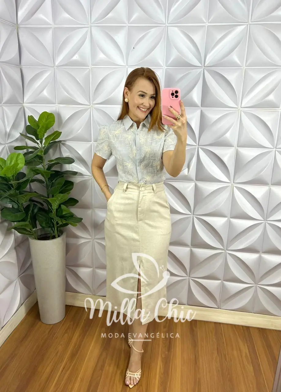Camisa Cambraia de Linho Bordado Manga Princesa Yasmim – Cinza – Milla Chic Camisa Cambraia de Linho Bordado Manga Princesa Yasmim - Cinza - Milla Chic