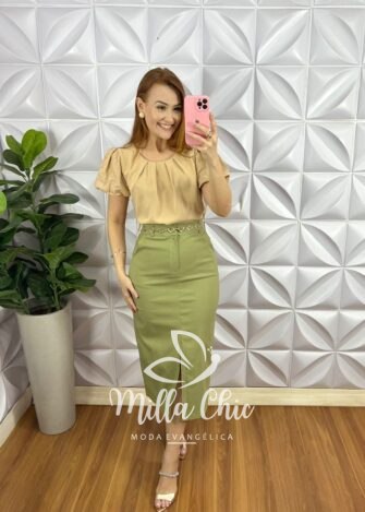 Blusa Alfaiataria Com Manga No Linho Bordado Toda Drapeada Nina - Nude - Milla Chic