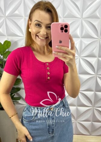Blusa Canelada Com Botões Funcionais Priscila - Pink - Milla Chic