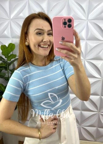 Blusa Canelada Ribana Candy Color Listrada Mila - Azul - Milla Chic