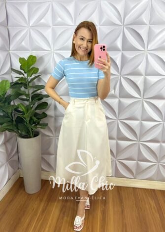 Blusa Canelada Ribana Candy Color Listrada Mila - Azul - Milla Chic