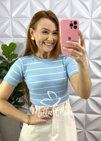 Blusa Canelada Ribana Candy Color Listrada Mila - Azul - Milla Chic