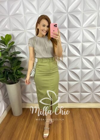 Blusa Cetim Manga Copinho Gola Alta Drapeada Debora - Cinza - Milla Chic