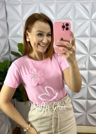 Blusa Com Aplicação de Flor No Viscolycra Florença - Rosa Balé - Milla Chic