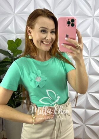 Blusa Com Aplicação de Flor No Viscolycra Florença - Verde Agua - Milla Chic