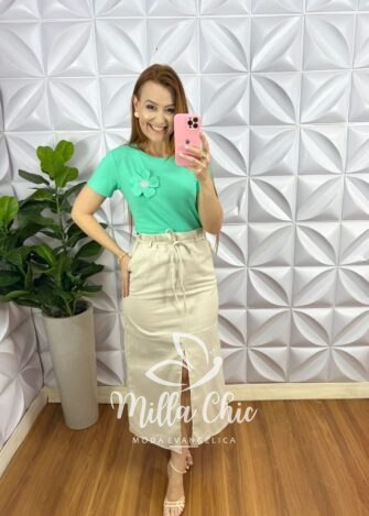 Blusa Com Aplicação de Flor No Viscolycra Florença - Verde Agua - Milla Chic