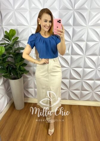 Blusa Dunna Manga Envelopada Com Drapeados No Busto Dany- Azul - Milla Chic