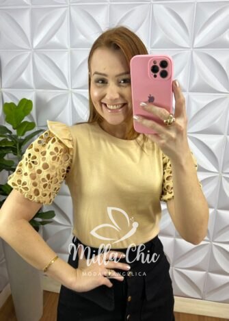 Blusa Malha De Algodão Com Manga Renda Crochê Deivilane - Areia - Milla Chic