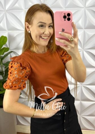 Blusa Malha De Algodão Com Manga Renda Crochê Deivilane - Areia - Milla Chic