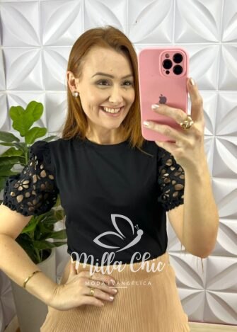 Blusa Malha De Algodão Com Manga Renda Crochê Deivilane - Preta - Milla Chic