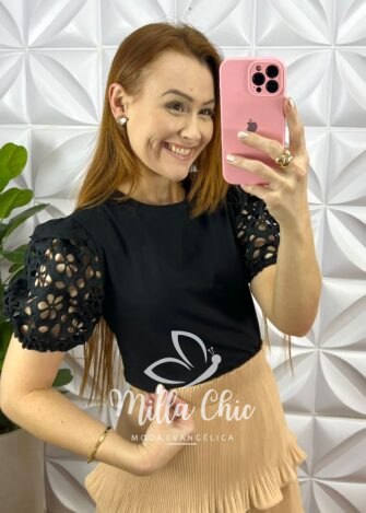 Blusa Malha De Algodão Com Manga Renda Crochê Deivilane - Preta - Milla Chic