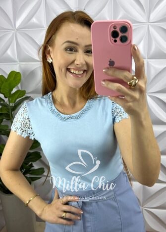 Blusa Malha De Algodão Manga De Guipper Bordado De Perola Paula - Baby Blue - Milla Chic