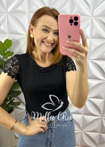 Blusa Malha De Algodão Manga De Guipper Bordado De Perola Paula - Preta - Milla Chic