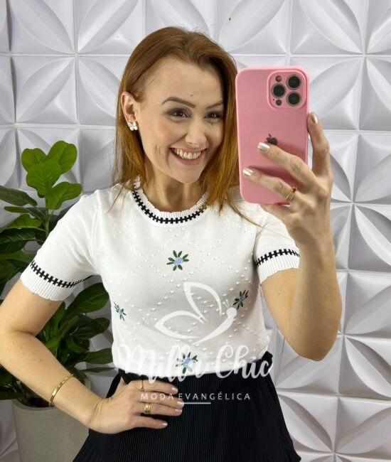 Blusa Tricot Com Bordado Floral Viviane - Branca - Milla Chic