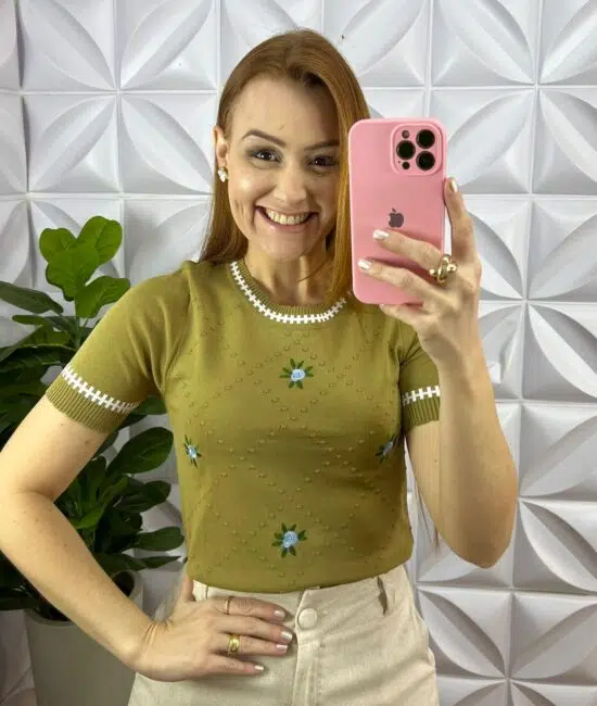 Blusa Tricot Com Bordado Floral Viviane - Verde - Milla Chic