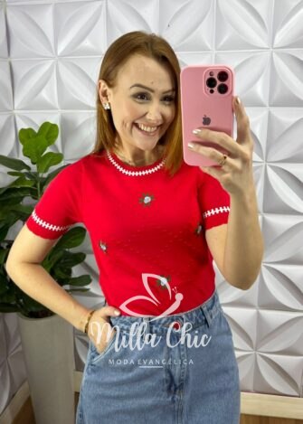 Milla Chic - millachic com br blusa tricot com bordado floral viviane vermelha 1 Blusa Tricot Com Bordado Floral Viviane - Vermelha - Milla Chic