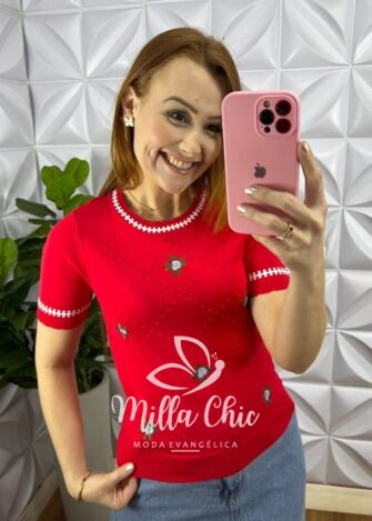 Milla Chic - millachic com br blusa tricot com bordado floral viviane vermelha Blusa Tricot Com Bordado Floral Viviane - Vermelha - Milla Chic