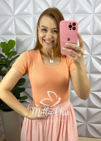 Body Anarruga Gola U Com Elastano Paloma - Salmão - Milla Chic