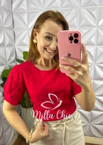 Blusa Linho bordado Manga Princesa Lara - Vermelha - Milla Chic