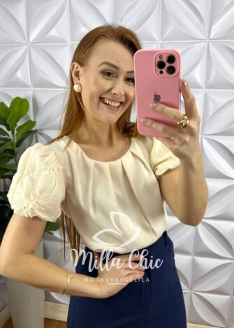 Blusa Alfaiataria Com Manga No Linho Bordado Toda Drapeada Nina - Areia - Milla Chic