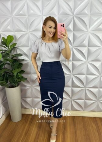 Blusa Alfaiataria Com Manga No Linho Bordado Toda Drapeada Nina - Cinza - Milla Chic