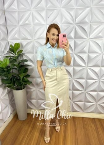 Camisa Cambraia de Linho Bordado Manga Princesa Yasmim - Baby Blue - Milla Chic