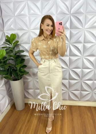 Camisa Cambraia de Linho Bordado Manga Princesa Yasmim - Nude - Milla Chic