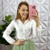 Camisa Crepinho Manga Longa e Gola Polo Veronica - Branco - Milla Chic
