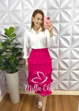 Camisa Crepinho Manga Longa e Gola Polo Veronica - Branco - Milla Chic