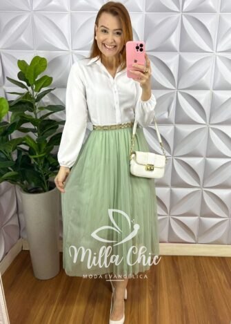 Camisa Crepinho Manga Longa e Gola Polo Veronica - Branco - Milla Chic