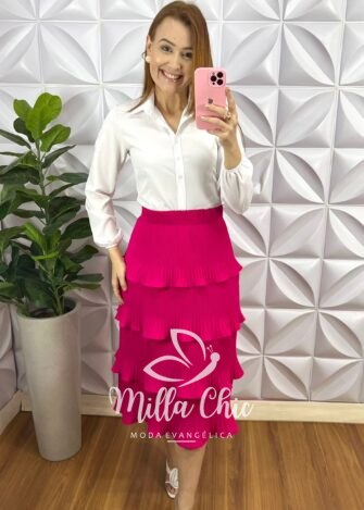 Camisa Crepinho Manga Longa e Gola Polo Veronica - Branco - Milla Chic