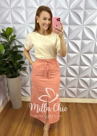 Camisa Linho bordado Manga Princesa Lara - Areia - Milla Chic