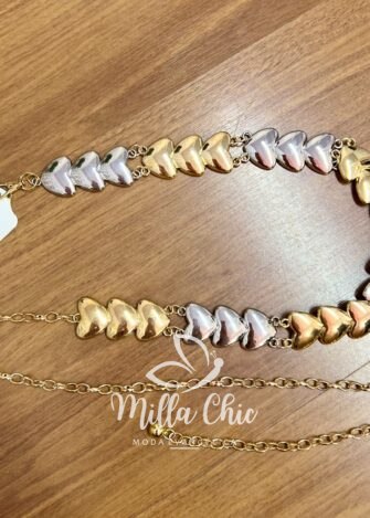 Cinto Com Trio De Coração bicolor Bianca - Prata e Dourado - Milla Chic