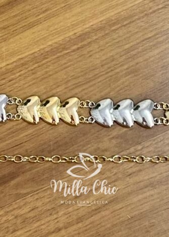 Cinto Com Trio De Coração bicolor Bianca - Prata e Dourado - Milla Chic