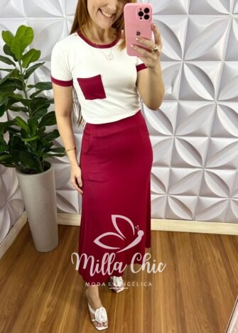 Conjunto Moletinho Saia Longuete Com Bolso Faby - Cherry - Milla Chic