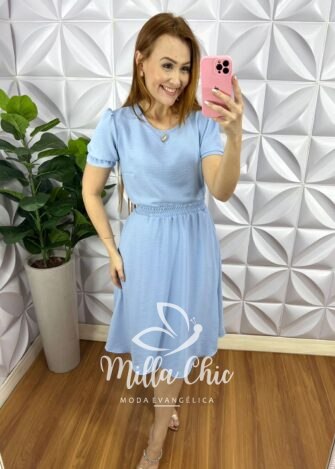 Conjunto Tecido Dunna Com Saia Godê Milena - Baby Blue - Milla Chic