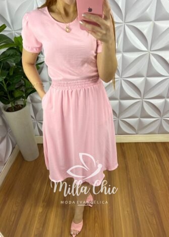 Conjunto Tecido Dunna Com Saia Godê Milena - Rosa Ballet - Milla Chic
