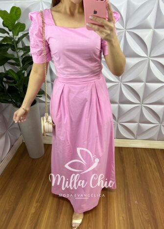 Conjunto Tricoline 100% Algodão Blusa Bordada E Saia Longa Rafaela - Rosa - Milla Chic