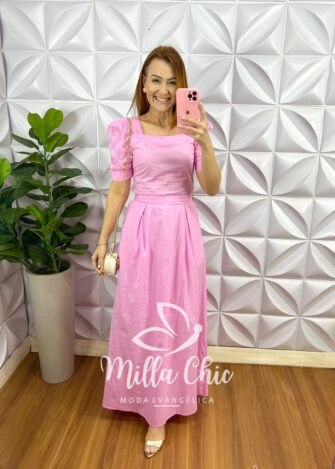 Conjunto Tricoline 100% Algodão Blusa Bordada E Saia Longa Rafaela - Rosa - Milla Chic