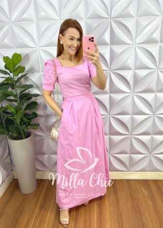 Conjunto Tricoline 100% Algodão Blusa Bordada E Saia Longa Rafaela - Rosa - Milla Chic