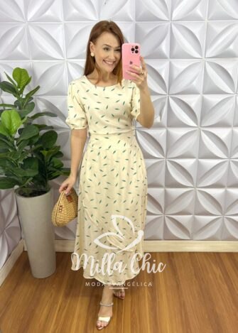 Conjunto Viscolinho Blusa Cropped E Saia Mídi Gabriela - Creme Com Verde - Milla Chic