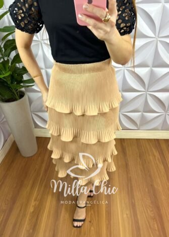 Saia Dunna Mídi Plissada De Camadas Amanda - Areia - Milla Chic