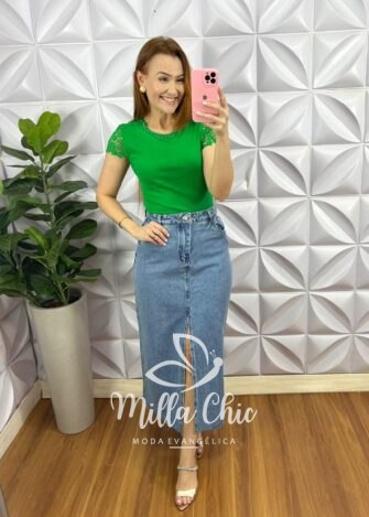 Saia Jeans Com Fendas Frontal Mídi Larissa - Jeans - Milla Chic