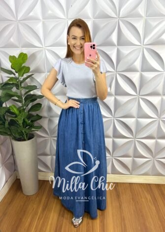 Saia Jeans Longa Godê Lastex Na Cintura Com Botões Miriam - Azul - Milla Chic