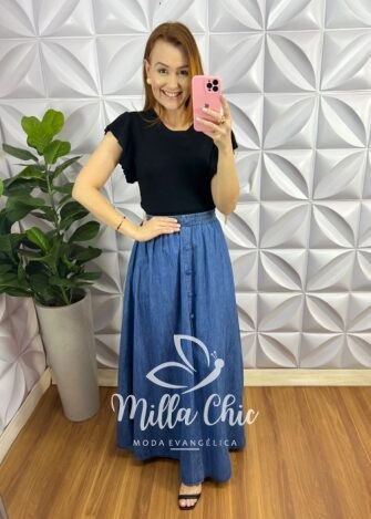 Saia Jeans Longa Godê Lastex Na Cintura Com Botões Miriam - Azul - Milla Chic