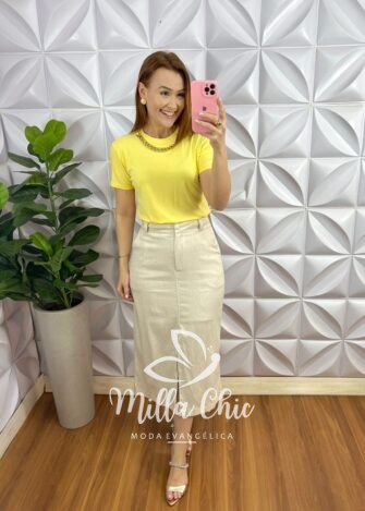 Saia Linhão Reta Com Fenda Frontal Camélia - Areia - Milla Chic